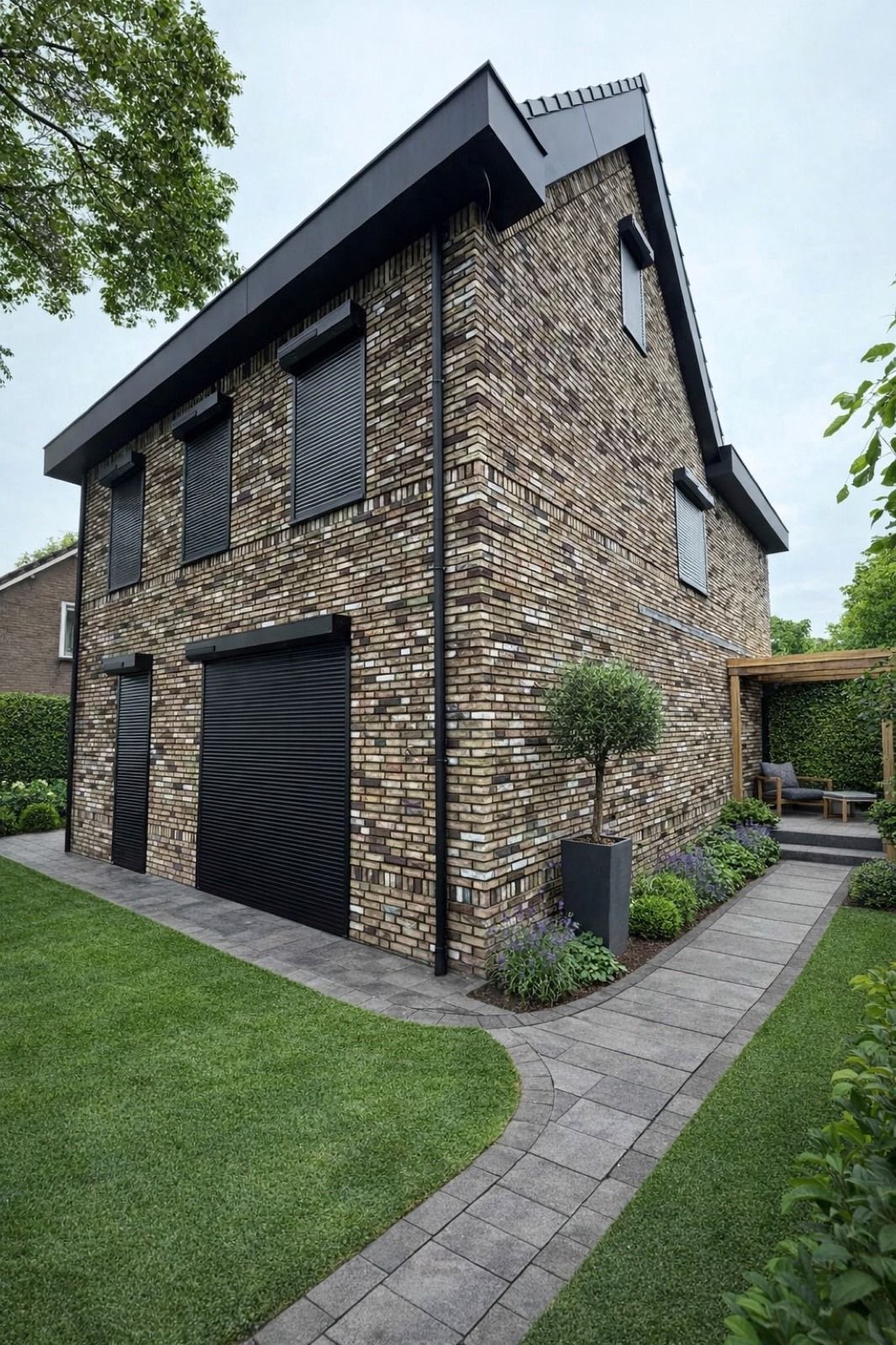 Antracieten rolluiken op een moderne woning met verzorgde tuin